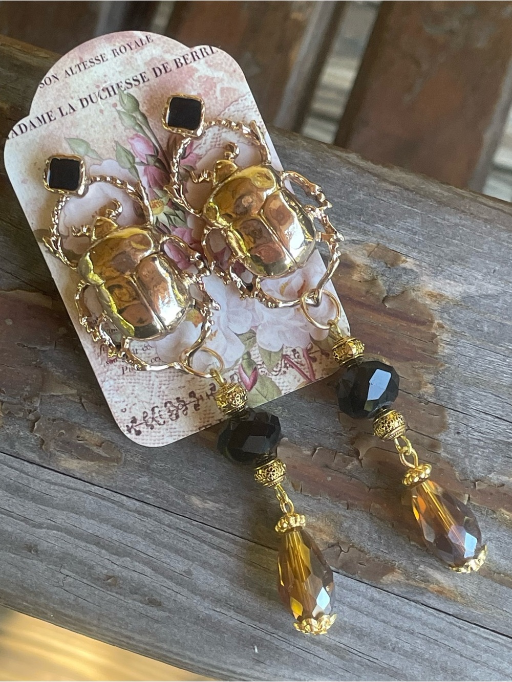 Hand Crafted Gold Scarab Earrings with Black and Amber Drops - Picture 3 of 7
